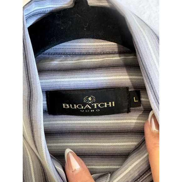 Men's Bugatchi Shirt, L, Gray white stripe long sleeve button down EUC - Picture 4 of 10